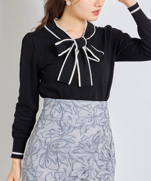 tocco closet(トッコ クローゼット)の「配色ライン入りボウタイりぼんニットプルオーバー(ニット/セーター・レディース・グレイッシュブルー/ピンク系その他/オフホワイト/ブラック/ベージュ・M)」の12枚目の写真