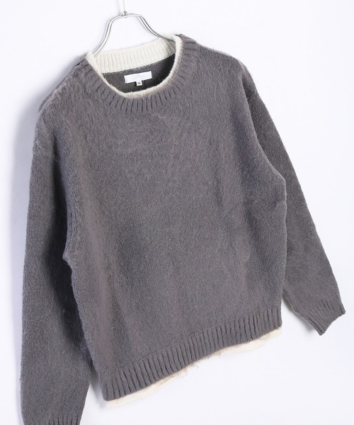 WESTSEA（ウエストシー）の「モヘヤライク起毛 レイヤード クルーネックニット（ニット/セーター・メンズ・ベージュ/グリーン/グレー・LL/L/M）」の2枚目の写真