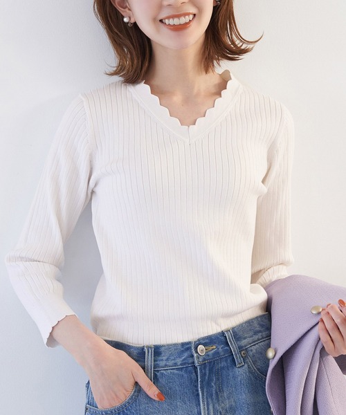 ROPE' PICNIC(ロペピクニック)の「オーガニックスイスコットン7分袖ニットプルオーバー(ニット/セーター・レディース・オフホワイト/ブルー系その他4/ネイビー/ピンク・38)」の2枚目の写真