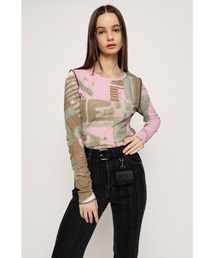SLY（スライ）の「PHOTO MIXTURE TOPS フォト ミクスチュア シアー トップス 総柄 プリント クロップド丈（Tシャツ/カットソー）」
