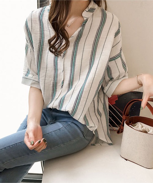 BLANC FICELLE(ブランフィセル)の「ストライプ柄 Vネック 7分袖シャツ(シャツ/ブラウス・レディース・ピンク/グリーン・M/L/XL)」の3枚目の写真