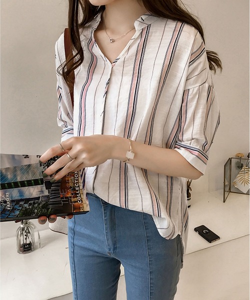 BLANC FICELLE(ブランフィセル)の「ストライプ柄 Vネック 7分袖シャツ(シャツ/ブラウス・レディース・ピンク/グリーン・M/L/XL)」の5枚目の写真