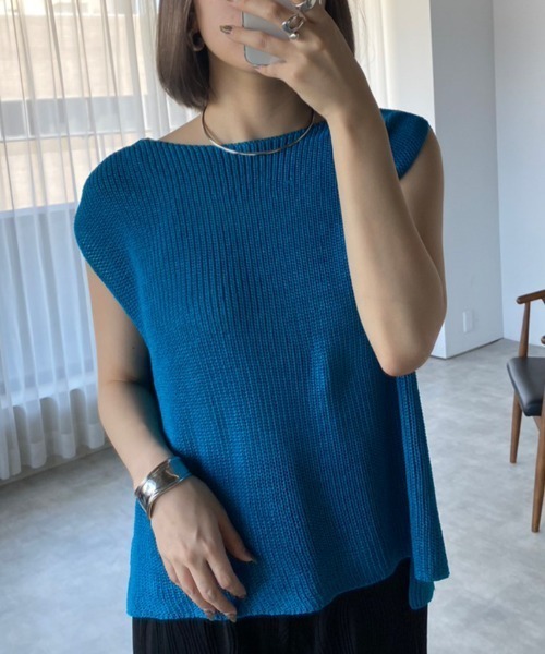 each（イーチ）の「メッシュ フレンチスリーブニット（ベスト・レディース・ブラック/ホワイト/ブルー・M-L）」の3枚目の写真