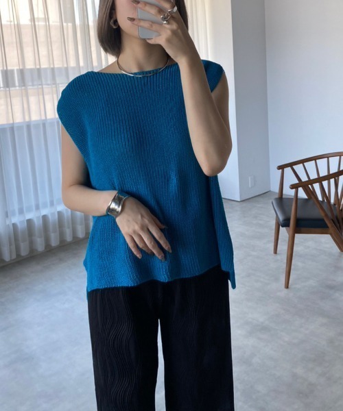 each（イーチ）の「メッシュ フレンチスリーブニット（ベスト・レディース・ブラック/ホワイト/ブルー・M-L）」の9枚目の写真