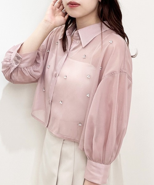 INGNI（イング）の「装飾付ラメシアーショート7分袖シャツ（シャツ/ブラウス・レディース・アイボリー/ピンク/ミント・M）」の3枚目の写真