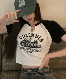 ラグランTシャツ 半袖 ショート丈 韓国ファッション y2k ラグラン ピチT チビT クロップド丈 スリットネック Tシャツ