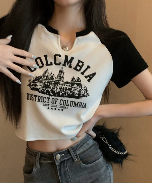 shopnikoniko（ショップニコニコ）の「ラグランTシャツ 半袖 ショート丈 韓国ファッション y2k ラグラン ピチT チビT クロップド丈 スリットネック Tシャツ（Tシャツ/カットソー・レディース・ベージュ/ホワイト・フリー）」の7枚目の写真