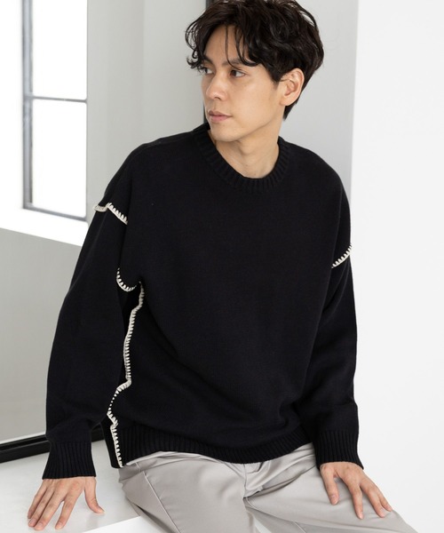 LAKOLE（ラコレ）の「ブランケットステッチクループルオーバー / 970617（ニット/セーター・メンズ・アイボリー/ブラック/オレンジ/グレイッシュベージュ/ネイビー・LARGE/MEDIUM/X-LARGE）」の2枚目の写真