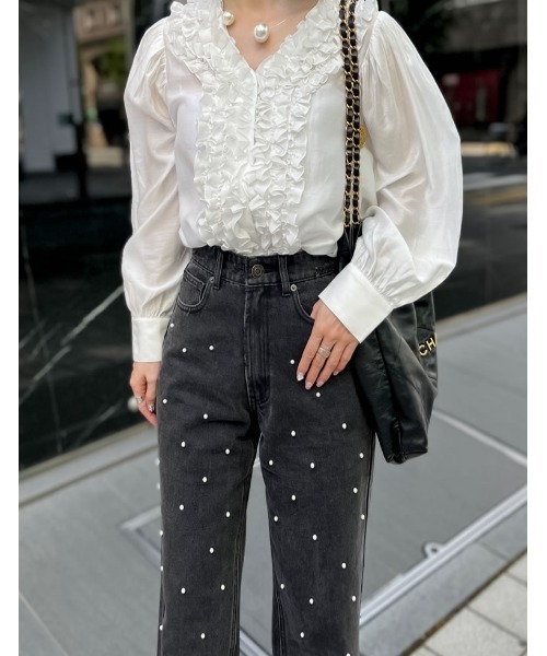 Re:EDIT（リエディ）の「[2024SS COLLECTION][MEISM by Re:EDIT][低身長/高身長サイズ有]パールorラインストーンワイドストレートコットンデニムパンツ（デニムパンツ・レディース・ブラック/ブルー系その他/ブラック系その他/ブルー・LARGE/MEDIUM/SMALL/TALL/SHORT）」の5枚目の写真