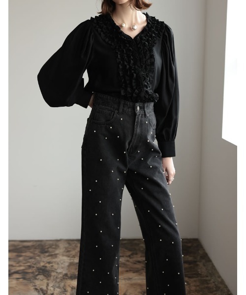 Re:EDIT（リエディ）の「[2024SS COLLECTION][MEISM by Re:EDIT][低身長/高身長サイズ有]パールorラインストーンワイドストレートコットンデニムパンツ（デニムパンツ・レディース・ブラック/ブルー系その他/ブラック系その他/ブルー・LARGE/MEDIUM/SMALL/TALL/SHORT）」の7枚目の写真