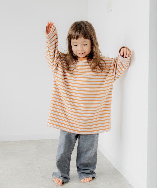 ooju（オージュ）の「【ooju】ボーダーロングTシャツ（Tシャツ/カットソー・キッズ・ブラウン/グリーン/ベージュ/キャメル・1/2/3/4）」の4枚目の写真