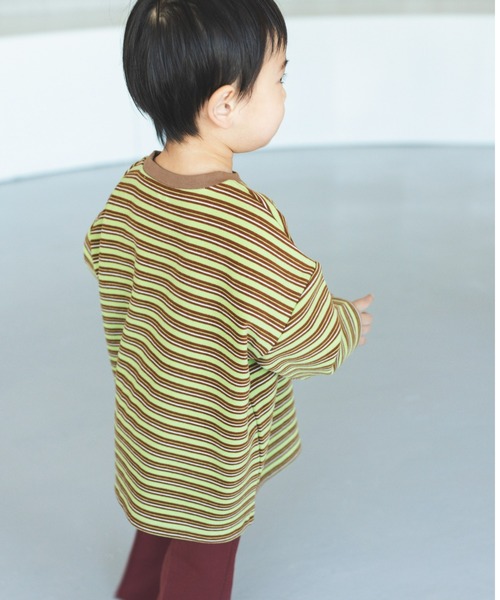 ooju（オージュ）の「【ooju】ボーダーロングTシャツ（Tシャツ/カットソー・キッズ・ブラウン/グリーン/ベージュ/キャメル・1/2/3/4）」の3枚目の写真