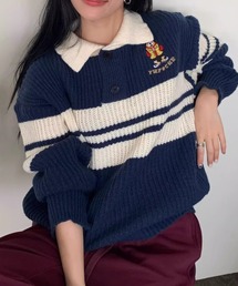 Vipoa（ヴィポア）の「オーバーサイズベア刺繍ボーダーポロニット（ニット/セーター・メンズ）」