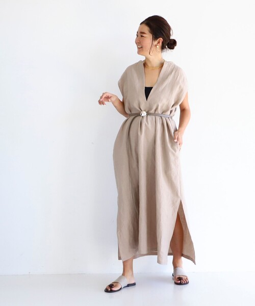 【美品】24SS リネン リラックス カフタンワンピース .M ベージュ　38 Demi-Luxe BEAMS（デミルクス ビームス）の「Demi-Luxe BEAMS / リネン