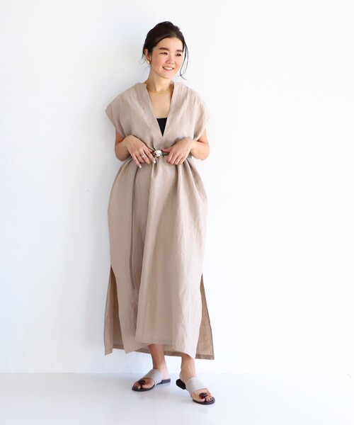 美品＊Demi-Luxe BEAMS リネンワッフルワンピース　ホワイト　白 セール】シアー レイヤー ワンピース［手洗い可］（ワンピース