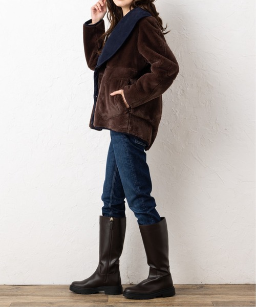 セール】洗える 着ぶくれしない フェイクムートン ワイドカラー