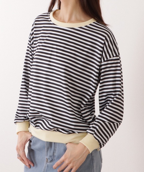 Lace Ladies(レースレディース)の「ビッグ シルエット クルーネック ボーダー プルオーバー(Tシャツ/カットソー・レディース・レッド/ブラック/イエロー・XL/M)」の1枚目の写真