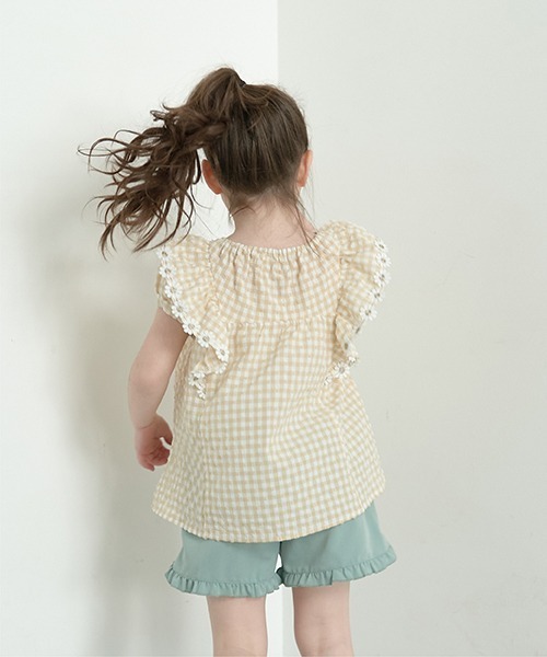 Lycee mine（リセマイン）の「フラワーレース付きチェックフリルブラウス（シャツ/ブラウス・キッズ・ピンク/ブラック/サックスブルー/ラベンダー/ベージュ・120cm/110cm/100cm/150cm/140cm/130cm）」の13枚目の写真