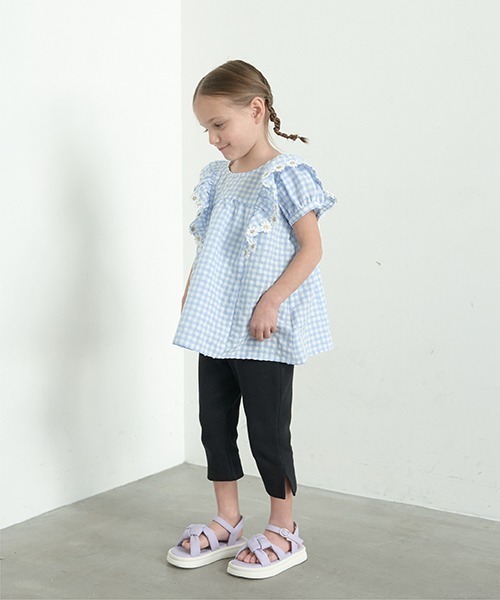 Lycee mine（リセマイン）の「フラワーレース付きチェックフリルブラウス（シャツ/ブラウス・キッズ・ピンク/ブラック/サックスブルー/ラベンダー/ベージュ・120cm/110cm/100cm/150cm/140cm/130cm）」の15枚目の写真