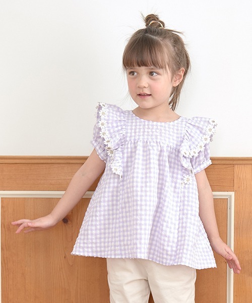 Lycee mine（リセマイン）の「フラワーレース付きチェックフリルブラウス（シャツ/ブラウス・キッズ・ピンク/ブラック/サックスブルー/ラベンダー/ベージュ・120cm/110cm/100cm/150cm/140cm/130cm）」の20枚目の写真