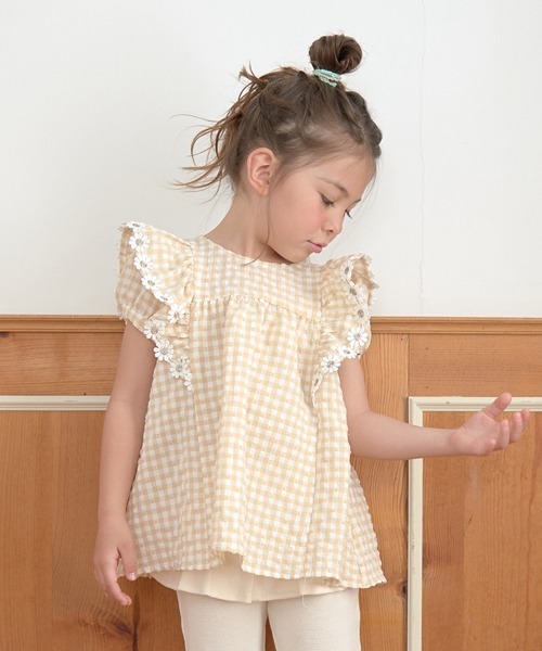 Lycee mine（リセマイン）の「フラワーレース付きチェックフリルブラウス（シャツ/ブラウス・キッズ・ピンク/ブラック/サックスブルー/ラベンダー/ベージュ・120cm/110cm/100cm/150cm/140cm/130cm）」の14枚目の写真