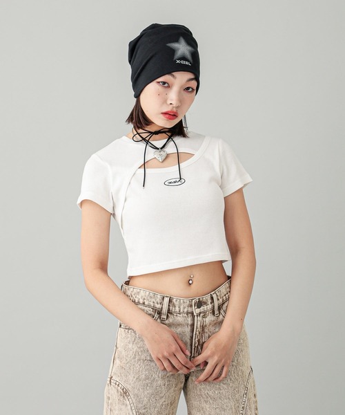 X-girl（エックスガール）の「FRONT SLIT S/S TOP（Tシャツ/カットソー・レディース・ブラック/ホワイト・S/M）」の10枚目の写真