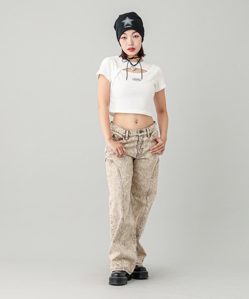 X-girl（エックスガール）の「FRONT SLIT S/S TOP（Tシャツ/カットソー・レディース・ブラック/ホワイト・S/M）」の13枚目の写真