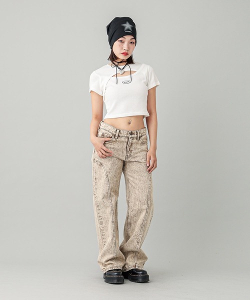 X-girl（エックスガール）の「FRONT SLIT S/S TOP（Tシャツ/カットソー・レディース・ブラック/ホワイト・S/M）」の14枚目の写真