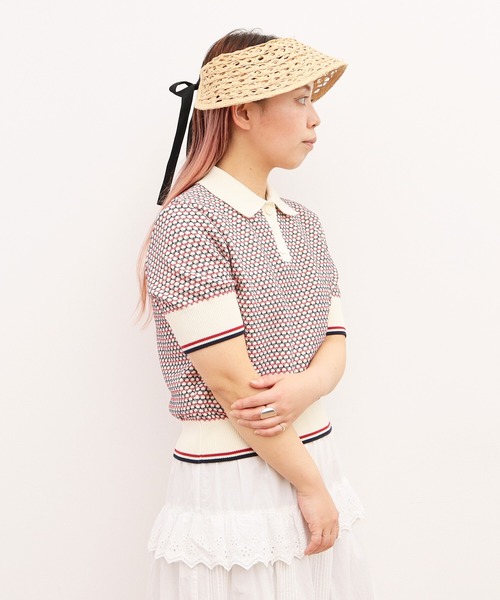 AMBIDEX(アンビデックス)の「レトロジャカードニットポロ(ポロシャツ・レディース・キナリ/ネイビー・FREE)」の6枚目の写真