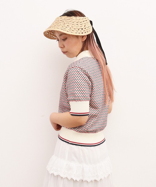 AMBIDEX(アンビデックス)の「レトロジャカードニットポロ(ポロシャツ・レディース・キナリ/ネイビー・FREE)」の4枚目の写真