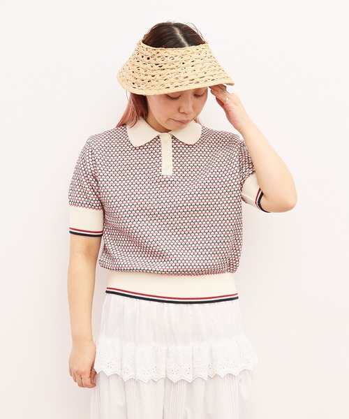 AMBIDEX(アンビデックス)の「レトロジャカードニットポロ(ポロシャツ・レディース・キナリ/ネイビー・FREE)」の3枚目の写真