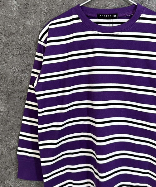 THE CASUAL(カジュアル)の「【ユニセックス】オーバーサイズ ボーダーロンT(Tシャツ/カットソー・キッズ・チャコール/ベージュ/ネイビー/パープル/ダークグリーン/ブラック・110cm/130cm/140cm/150cm/160cm/120cm)」の6枚目の写真