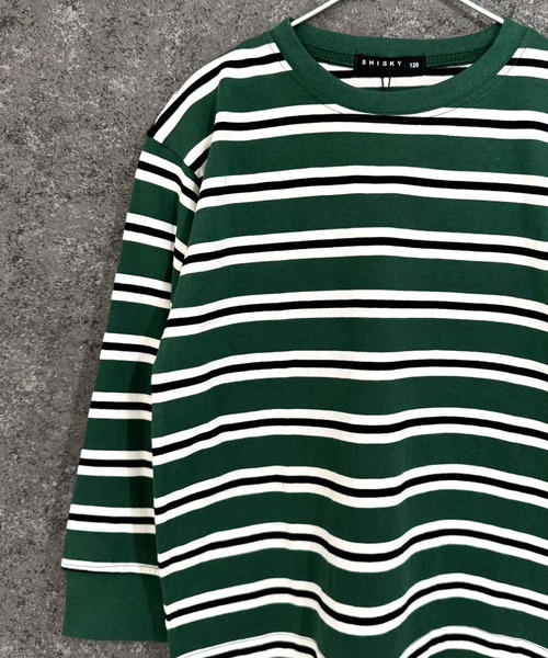 THE CASUAL(カジュアル)の「【ユニセックス】オーバーサイズ ボーダーロンT(Tシャツ/カットソー・キッズ・チャコール/ベージュ/ネイビー/パープル/ダークグリーン/ブラック・110cm/130cm/140cm/150cm/160cm/120cm)」の4枚目の写真