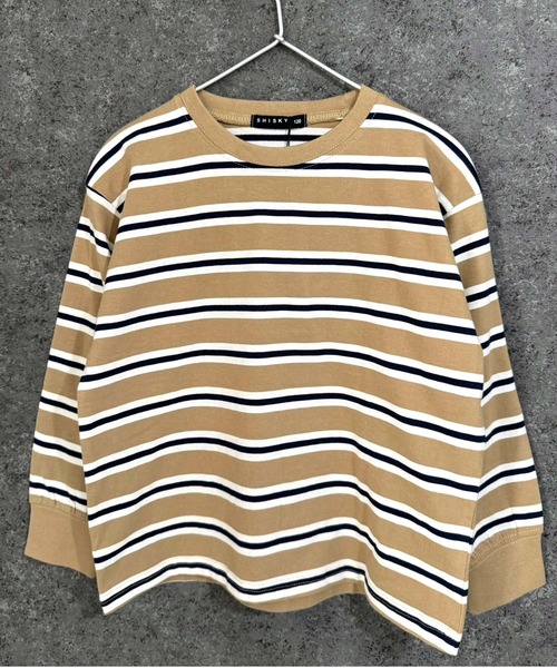THE CASUAL(カジュアル)の「【ユニセックス】オーバーサイズ ボーダーロンT(Tシャツ/カットソー・キッズ・チャコール/ベージュ/ネイビー/パープル/ダークグリーン/ブラック・110cm/130cm/140cm/150cm/160cm/120cm)」の8枚目の写真