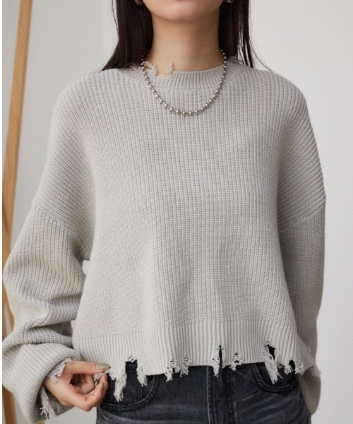 AZUL by moussy(アズールバイマウジー)の「ダメージニットトップス(ニット/セーター・レディース・ブラック/グレー/ミント・FREE)」の2枚目の写真