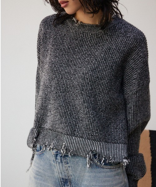 AZUL by moussy(アズールバイマウジー)の「ダメージニットトップス(ニット/セーター・レディース・ブラック/グレー/ミント・FREE)」の1枚目の写真