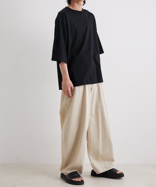 美品 アダムエロペ リネン混 ドロップショルダーバンドカラーシャツ◆グリーン セール】コットンリネン スキッパー ショートスリーブ シャツ