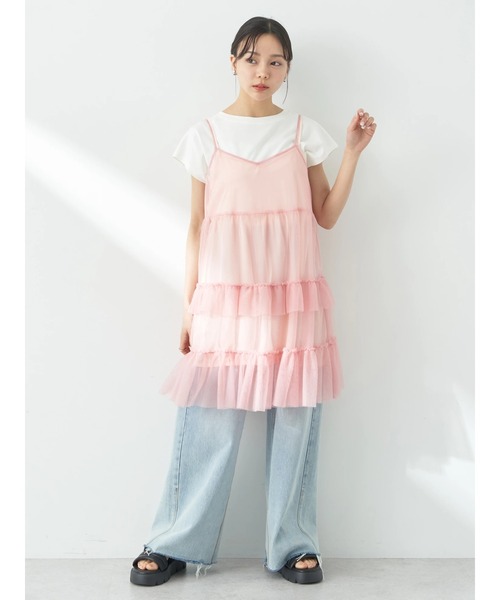 earth music&ecology（アースミュージックアンドエコロジー）の「チュールミニキャミワンピース（ワンピース・レディース・ピンク/グレー/アイボリー・FREE）」の4枚目の写真