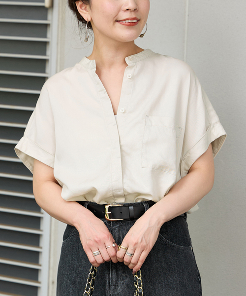 B.C STOCK(ベーセーストック)の「《追加》セルロースシャツ(シャツ/ブラウス・レディース・ブルー系その他/ブラック/アイボリー・FREE)」の1枚目の写真
