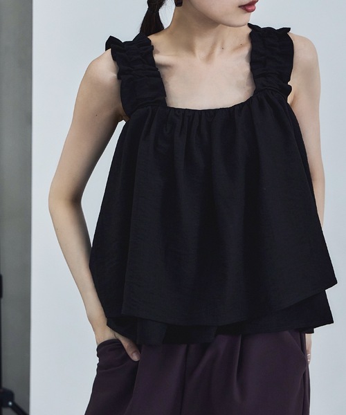 etoll.（エトル）の「リネンタッチギャザービスチェ（キャミソール・レディース・ブラック/アイボリー/ブラウン・FREE）」の10枚目の写真