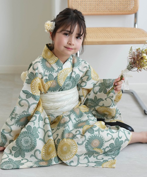 ジュニア浴衣3点セット ひよこ商店 くすみグリーンと黄色の菊唐草