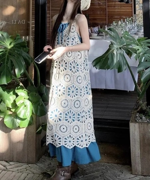 セール】【垢抜けレイヤードアイテム】クロシェ編みノースリーブ