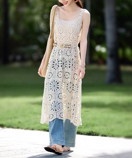 セール】【垢抜けレイヤードアイテム】クロシェ編みノースリーブ