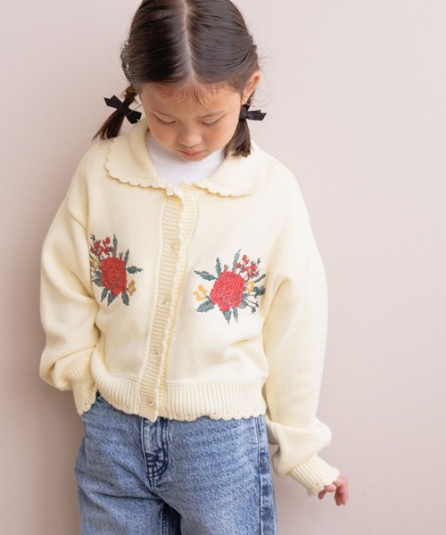 LOWRYS FARM（ローリーズファーム）の「クロスステッチフラワーカーディガン　145396（カーディガン/ボレロ・キッズ・イエロー/ブラック・120cm/130cm/140cm/150cm/110cm）」の2枚目の写真