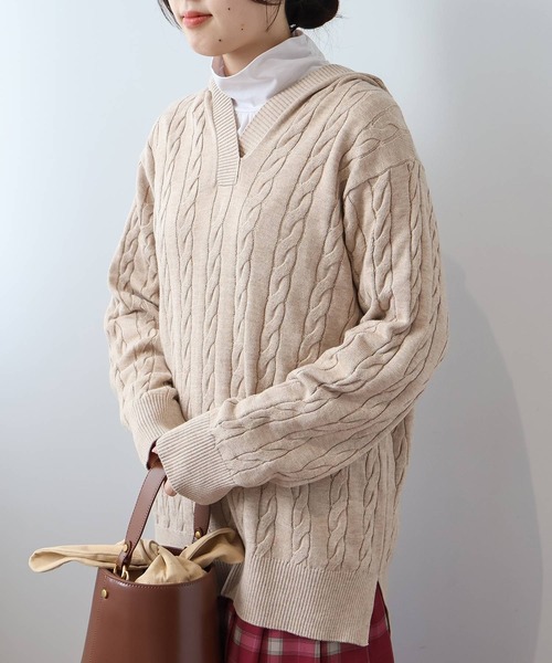 セール】【L～5L 大きいサイズ】ケーブルニットフーディー（ニット