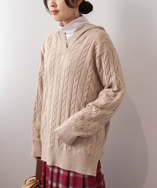 セール】【L～5L 大きいサイズ】ケーブルニットフーディー（ニット