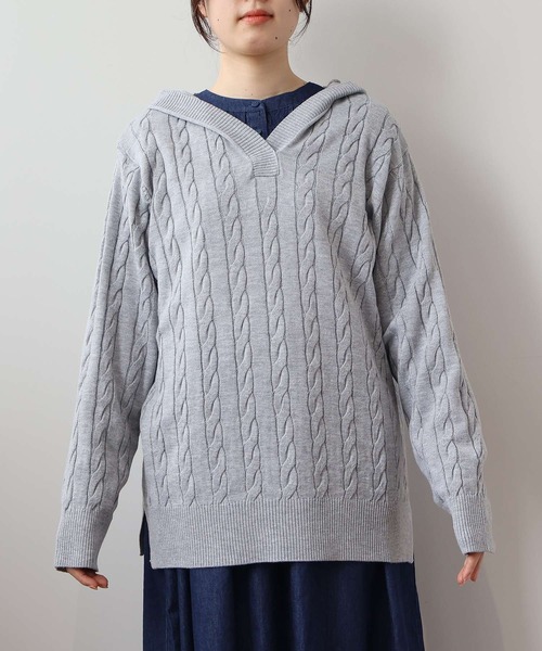 セール】【L～5L 大きいサイズ】ケーブルニットフーディー（ニット