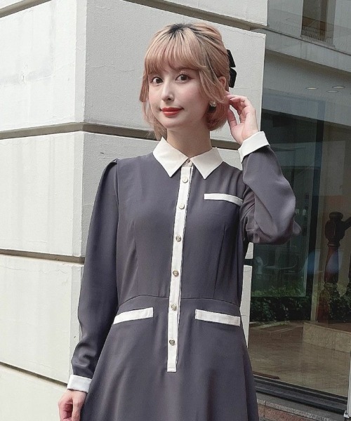 an another angelus（アンアナザーアンジェラス）の「バイカラーレトロシャツワンピース/ananotherangelus（シャツワンピース・レディース・チャコールグレー/ブラック×ホワイト・FREE）」の8枚目の写真