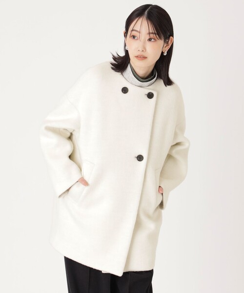 CAST:（キャストコロン）の「【イチオシ/蓄熱裏地】シャギーボンディングミドルコート（ノーカラーコート・レディース・オフホワイト/グレー・S/M）」の2枚目の写真