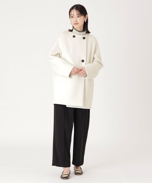 CAST:（キャストコロン）の「【イチオシ/蓄熱裏地】シャギーボンディングミドルコート（ノーカラーコート・レディース・オフホワイト/グレー・S/M）」の11枚目の写真